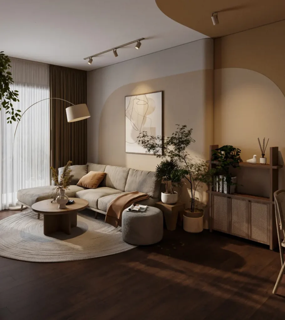 Open-plan apartment interior Dubai with modern minimalist decor
