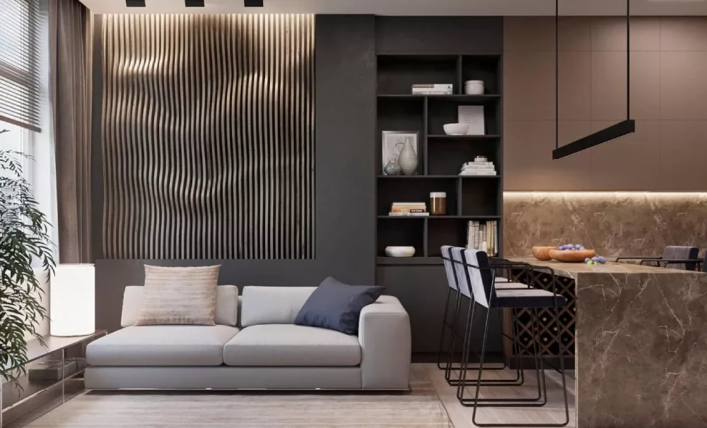 Wooden wall panels used as modern wall decor in Dubai home